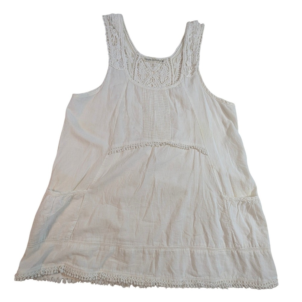 Hippie Laundry White Crochet Lace‎ Trim Mini Dress Tunic Cotton, Size M READ